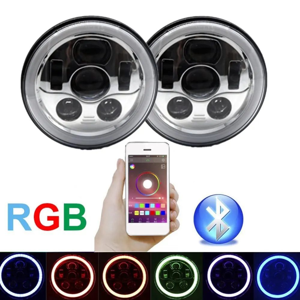 For Jeep Wrangler JK TJ Led Headlight RGB 7Inch 90W With Bluetooth Remote Control Music Model Halo Ring Angel Eyes | Автомобили и