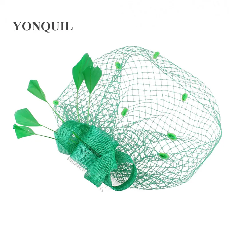 

Sinamay Loops Fascinator Headwear With Birdcage Veil and Feather Wedding Hair Accessories Bridal Veils Party Hat 17 Color MYQ006