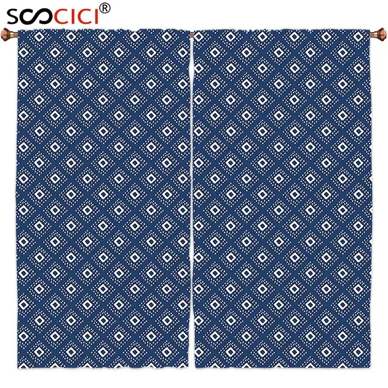 

Window Curtains Treatments 2 Panels,Modern Abstract Geometric Squares Surrounded by Little Dots Diamond Shapes Image Dark Blue