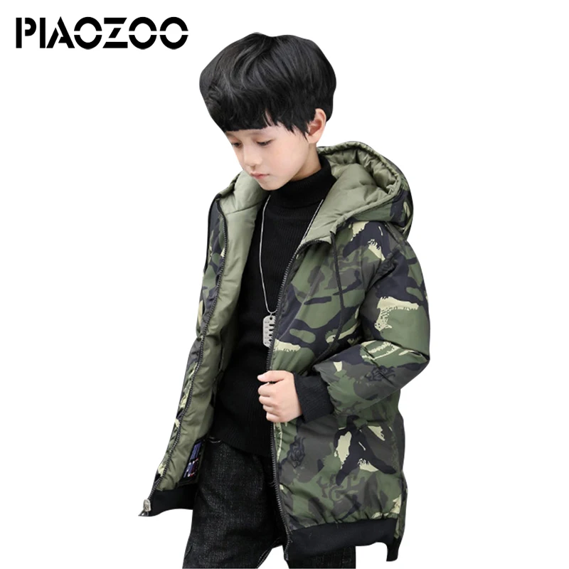 Пуховик для мальчиков 2018 Толстая зимняя детская куртка с капюшоном камуфляж Double