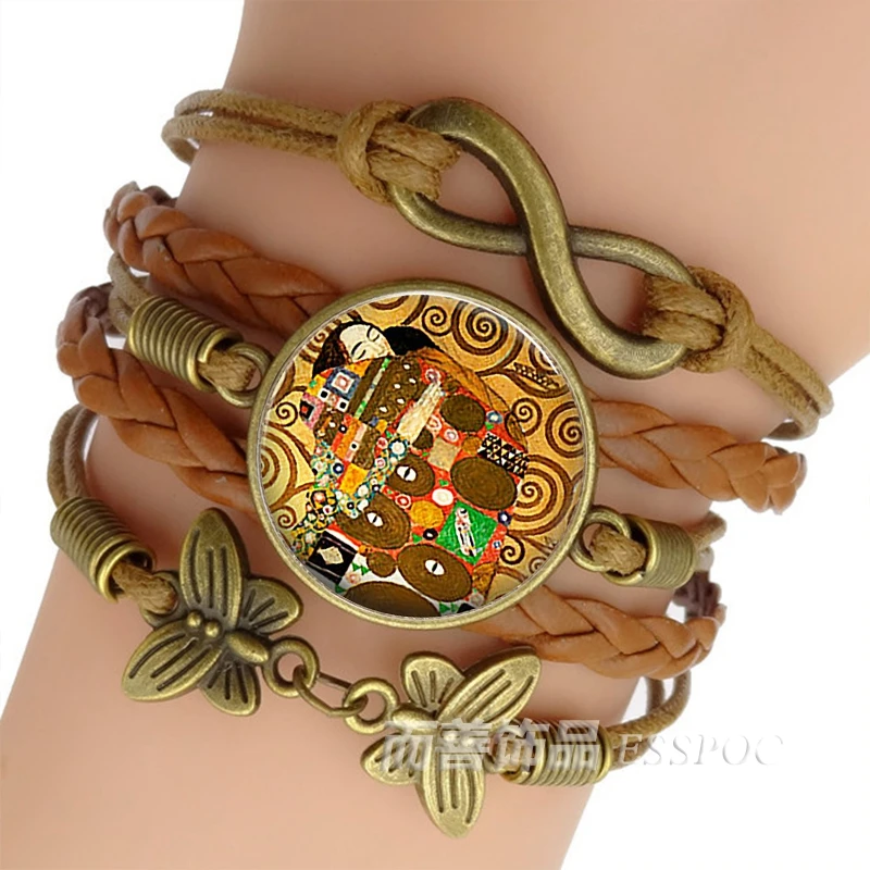 

Fashion Gustav Klimt Art Bracelet Handmade Woven Infinity Glass Dome Cabochon Leather Charm Bracelets for Man Women Gift