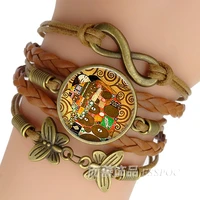 fashion gustav klimt art bracelet handmade woven infinity glass dome cabochon leather charm bracelets for man women gift