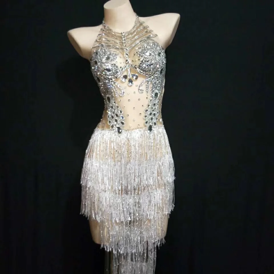 bodysuit and gloves Серебристого цвета со стразами; Цвет белый; платье с бахромой Для женщин день рождения, празднование в ночном клубе или вечерняя одежда для сцены певица одежда со стразами DT953 - Цвет: bodysuit and gloves