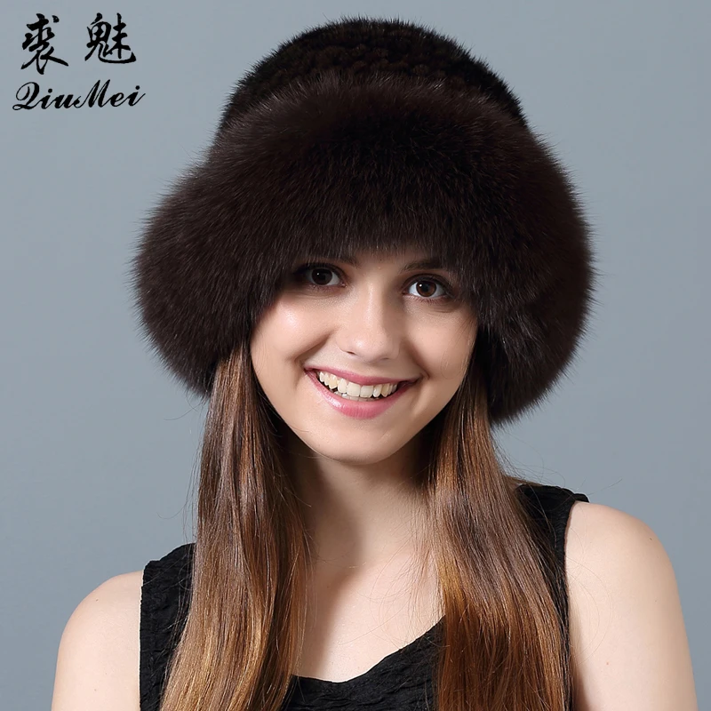 Женская трикотажная Шапка бини с отделкой из натурального меха норки|mink fur hats|fur