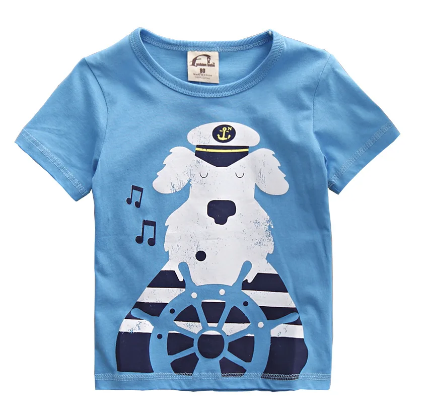 Лето голубой собаки печати мальчик футболка простой хлопок мальчиков одежда для