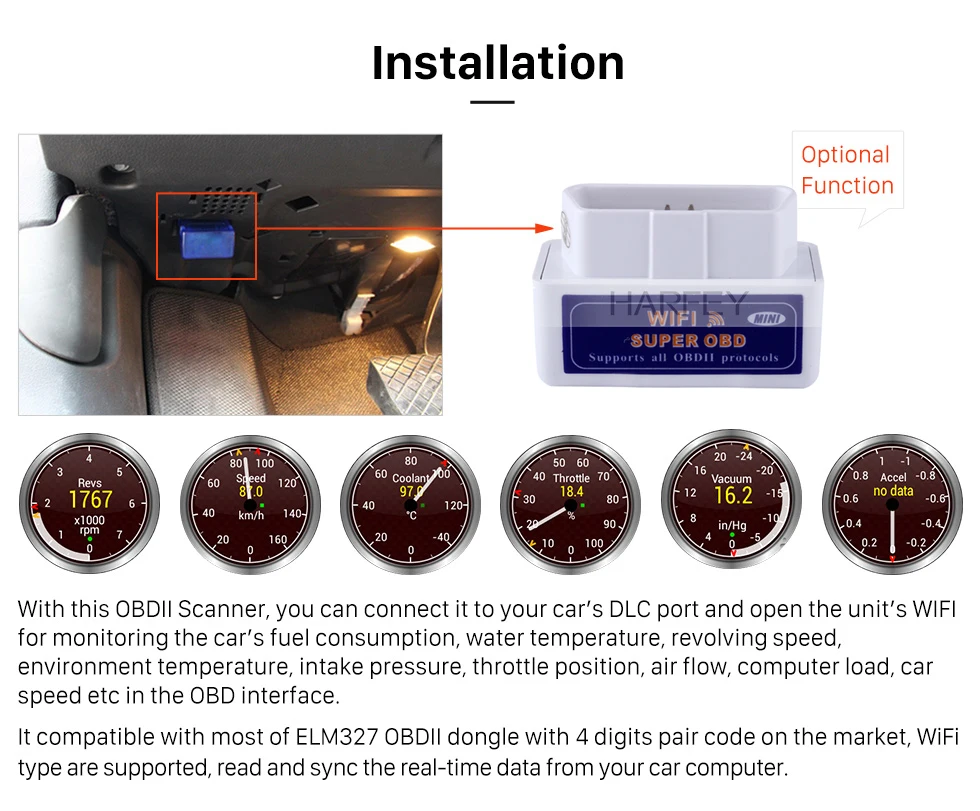 Harfey wifi OBD2/OBDII автоматический диагностический сканер диагностический инструмент Wi-Fi для Автомобильная магнитола на андроид gps навигационный плеер высокого качества