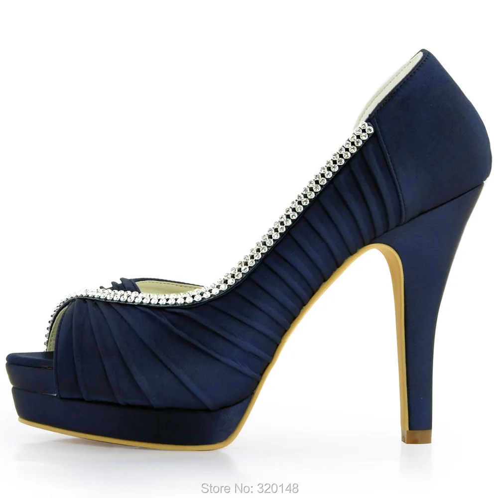 Темно синие женские свадебные туфли на высоком каблуке платформе украшенные