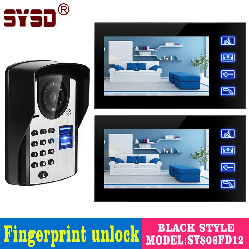 SYSD Video Door Phone 7'' Wired Video Intercom Fingerprint Password Unlock Waterproof Camera IR Night Vision