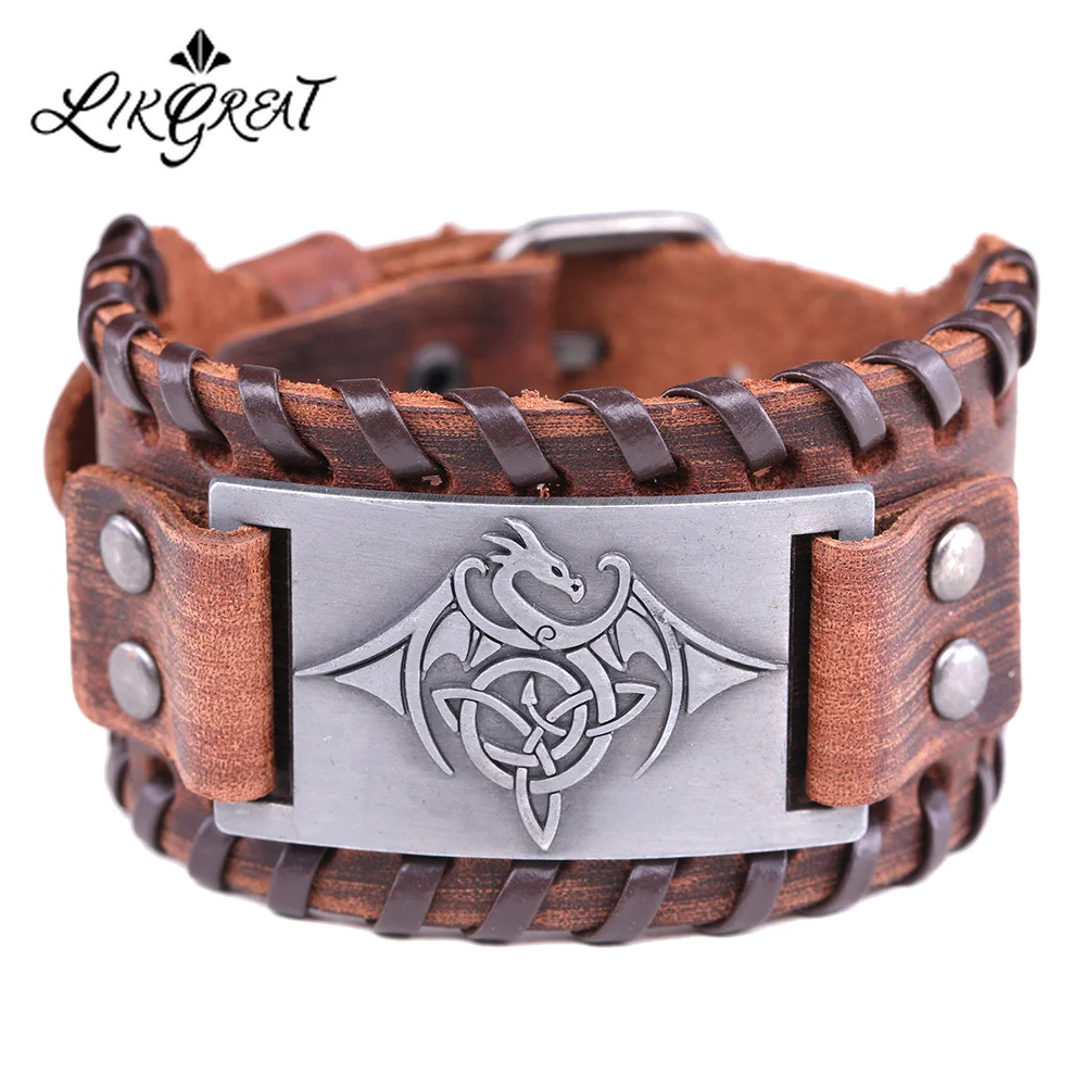 LIKGREAT винтажные браслеты Wicca Symbol Triqueta Pterosauria Dragon Charm для Мужчин Черная коричневая