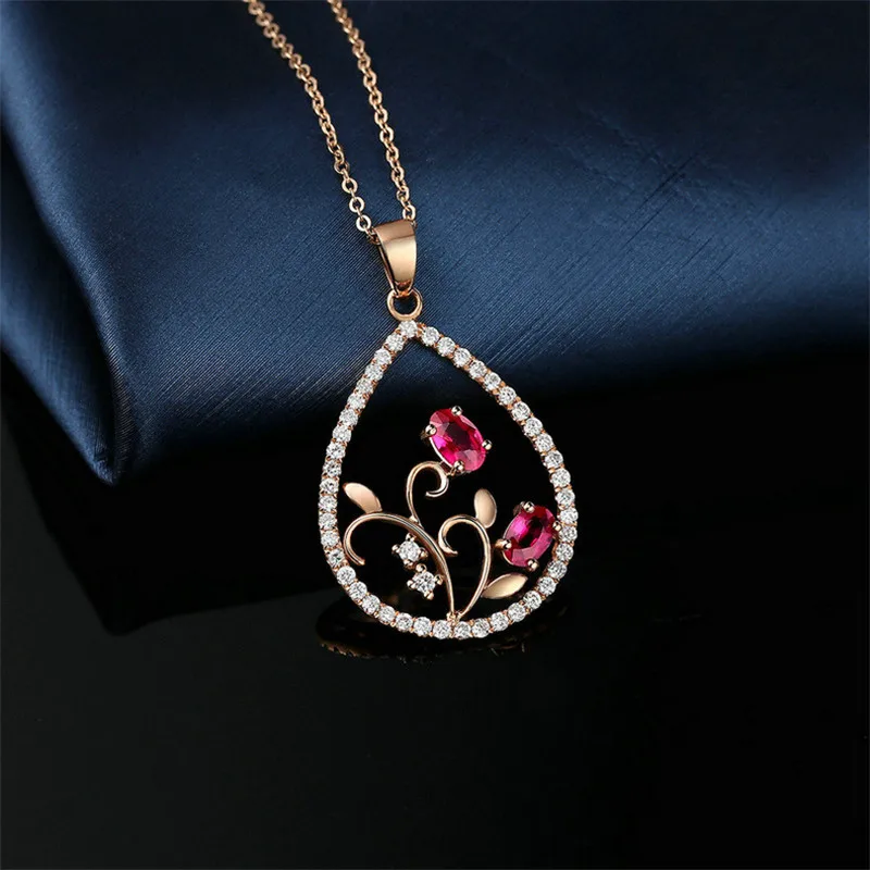 Ociki Rose Gold Color Waterdrop Flower Red Crystal Pendant Necklace Chokers Jewelry Wholesale for Women Girls Drop Shipping | Украшения и