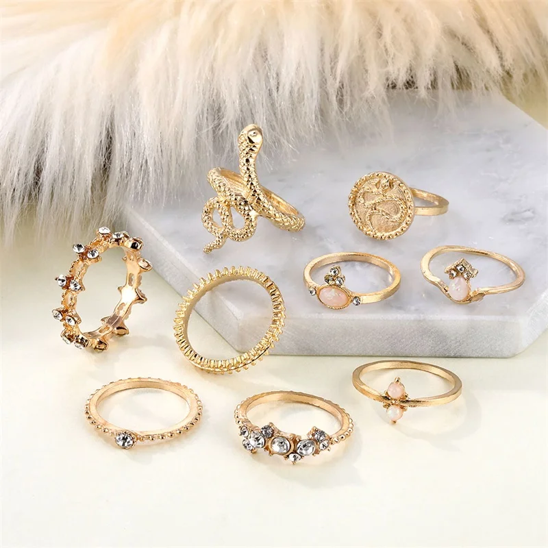 9Pcs/set Bohemian Charm Retro Crystal Snake leaf Simple Golden Ring Set for Women Fashion Evening Wedding Jewelry Accessories | Украшения и