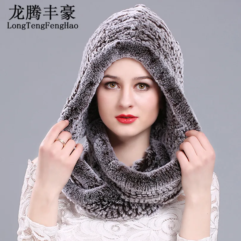 Rabbit Fur Turban And Hat Women'S Winter Warmth Novelty Knitted Wool Scarf Hat Fashion Genuine Large Female Fur Hat