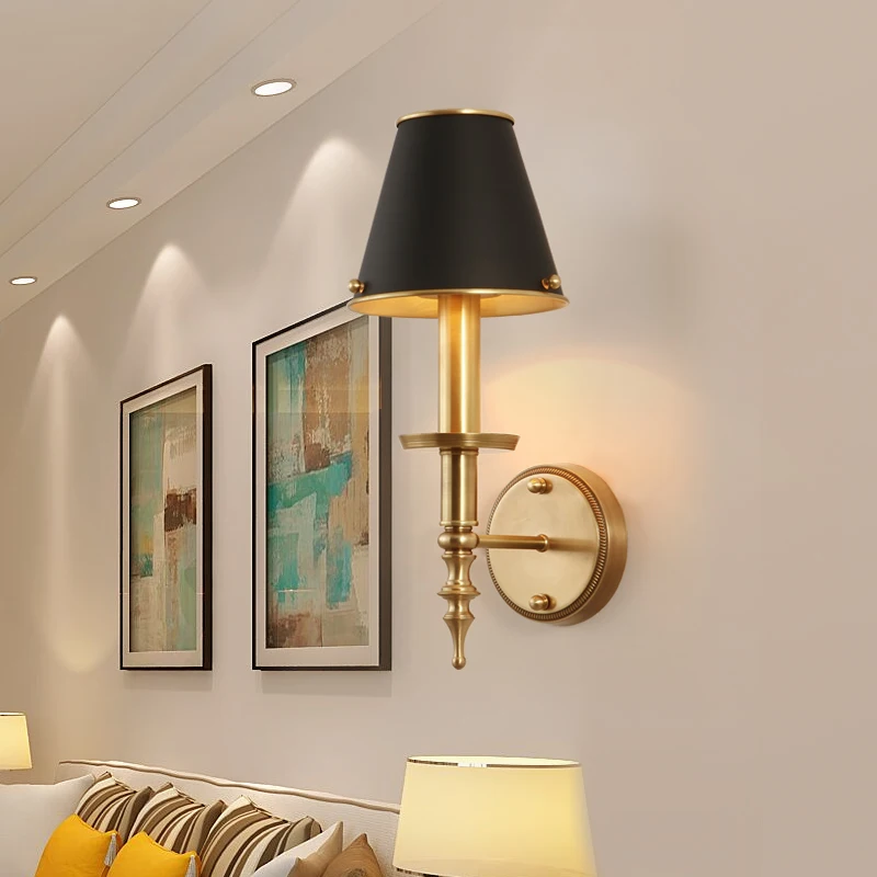 

American Country Copper E14 LED Wall Lamp Bedroom Bedside Restaurant Deco Light Simple Living Room Copper Wall Lighting Fixture