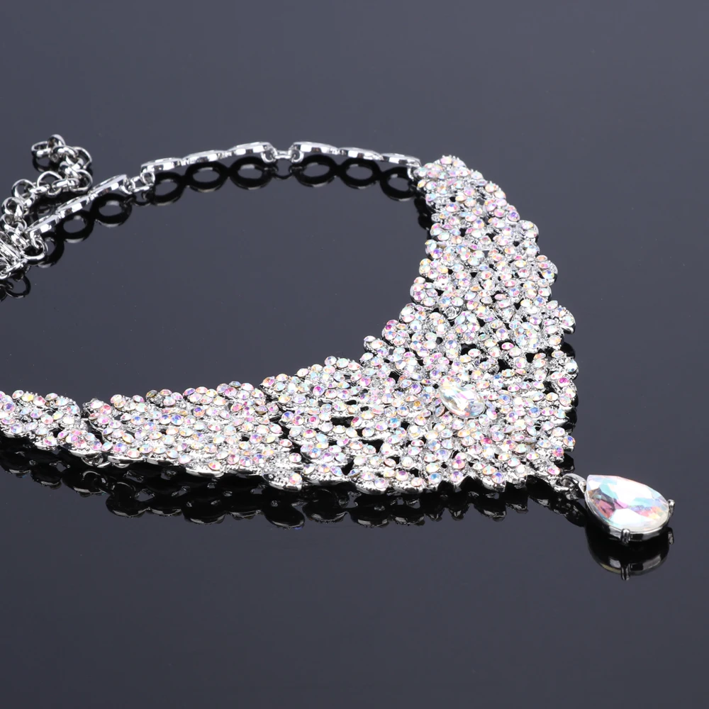 AB Цвет Кристалл Свадебные Ювелирные наборы серебряный цвет ожерелье серьги для