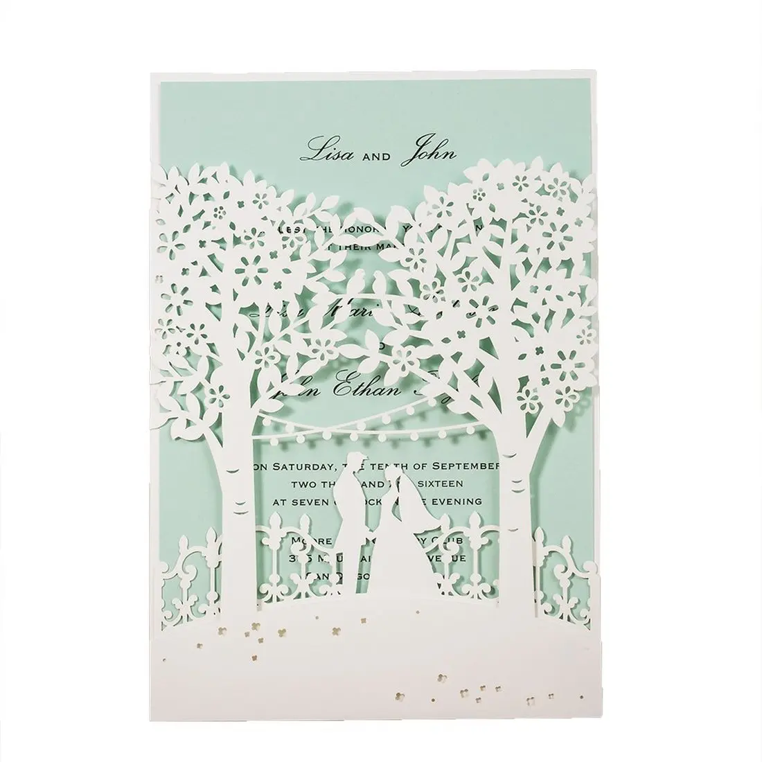 

100Pcs White Bride GroomTree Laser Cut Wedding Invitations Card, with Envelope and Blank Mint & Pink Insert [ I Love You First ]