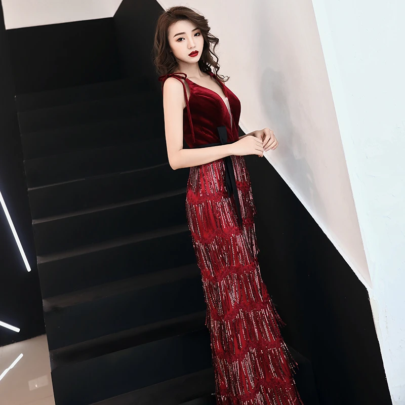 Вечернее платье weiyin De Soiree 2019 новые бордовые Стразы с кисточками сексуальное