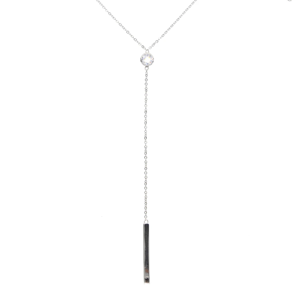 

New Drop Shipping silver jewelry simple classic lariat design bezel cz polished bar pendant 925 sterling silver Y necklace
