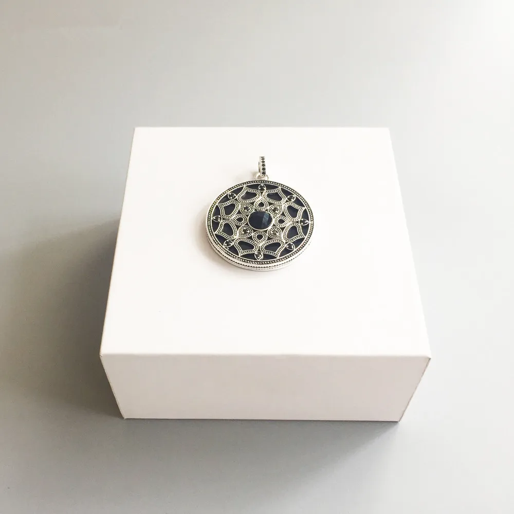 925 Sterling Silver Black Onyx Lotus Amulet Round Disc Pendants Fashion Chain Necklace Pendant Lotos Jewelry Gift for Women | Украшения и