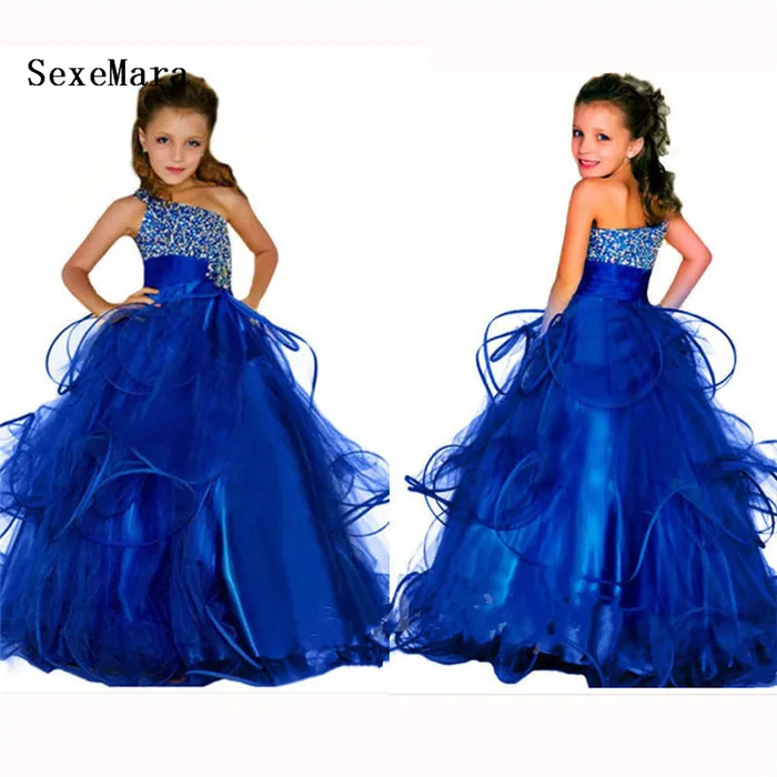 Elegant Royal Blue Floor Length Flower Girl Dress Beading Crystals Puffy Wedding Birthday Pageant Gown Girls | Детская одежда и
