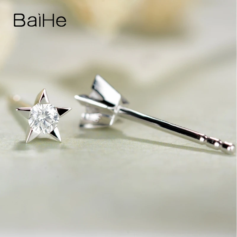 BAIHE Genuine Solid 14K White Gold Diamond Earrings Anniversary Trendy Star Stud Fine Jewelry Making Birthday Present | Украшения и