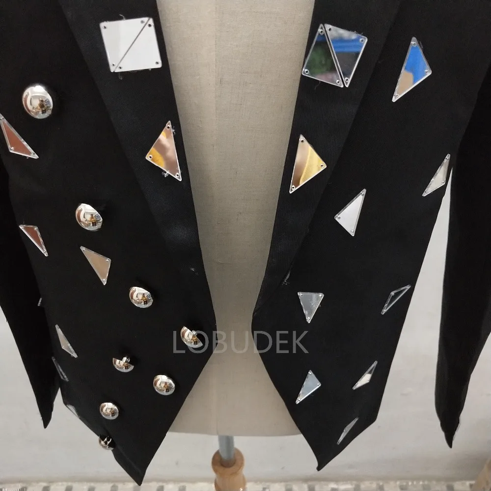 Silvery Rivet Mirrors Blazers Black Slim Coat Nightclub Sequins Stage Costume Men Singer Host Performance Clothes Outerwear | Мужская