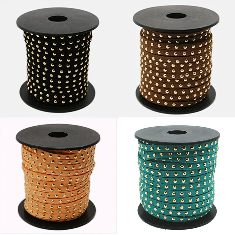 

Pandahall 1Roll Golden Aluminum Studded Korea Faux Suede Cord for Jewelry Making, 5x2mm; about 20yards/Roll