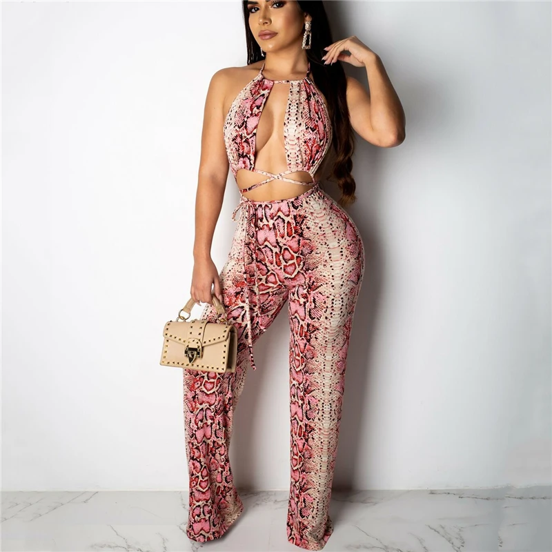 Женский летний комплект из 2 предметов облегающий топ и брюки без спинки змеиной