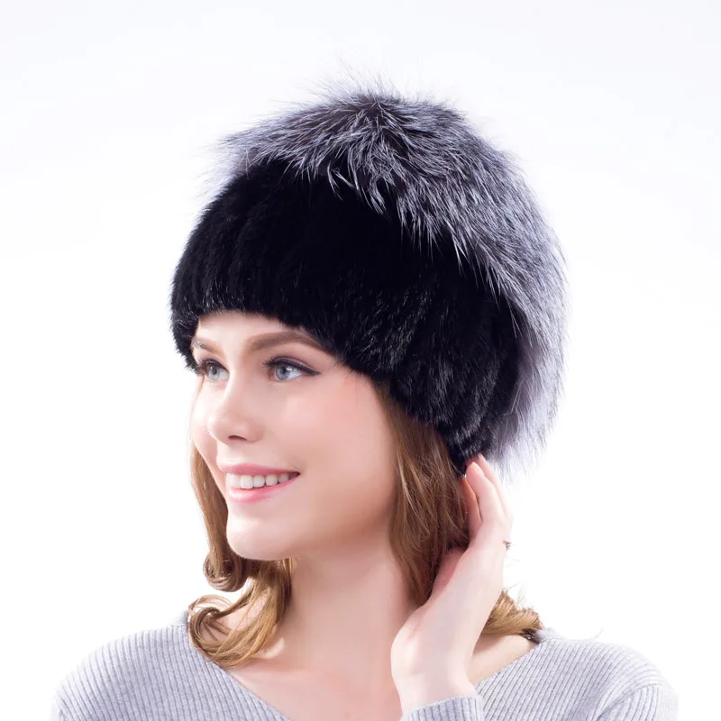Real Natural Knitting Mink Fur Cap Fox Fur Tassel Decoration Design Women's Winter Fashion Popular Hat Fur Hat