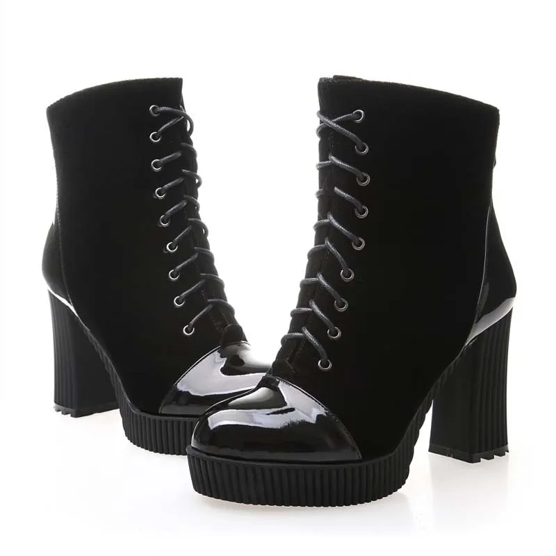 Круглый Носок Квадратный каблук pu + Стадо ботильоны для дамской одежды Высокие