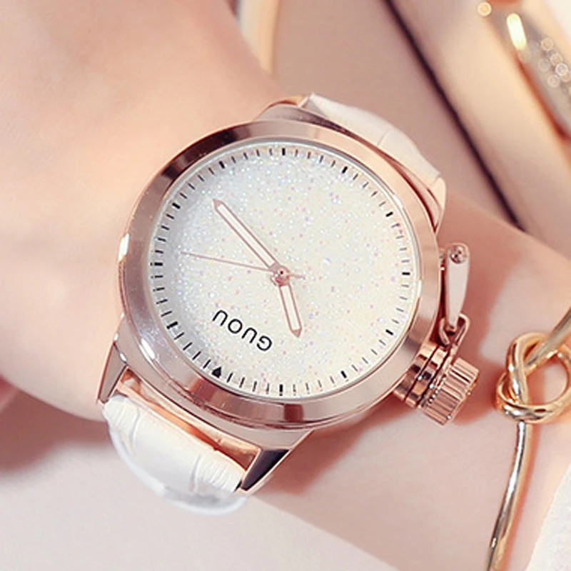 Женские Часы GUOU женские часы роскошные со сверкающими бриллиантами с кожаным