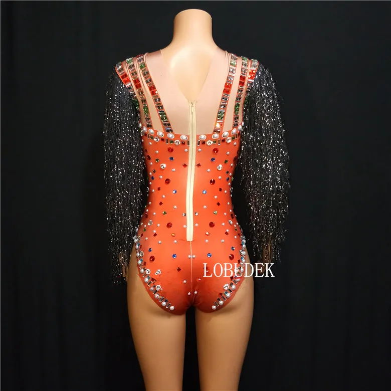 Black Tassel Sleeve Colorful Rhinestones Bodysuit Nightclub Lady DJ Singer Performance Costume Elastic Skinny Catsuit Stage Wear