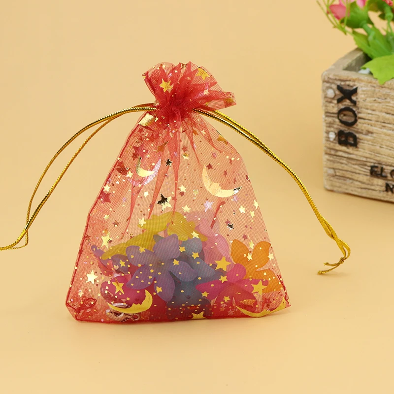 

500 шт 9x12 см Drawable Organza Сумки Звезда Луна красный цвет Свадьба Рождество мешок для подарков, упаковка для ювелирных изделий мешки