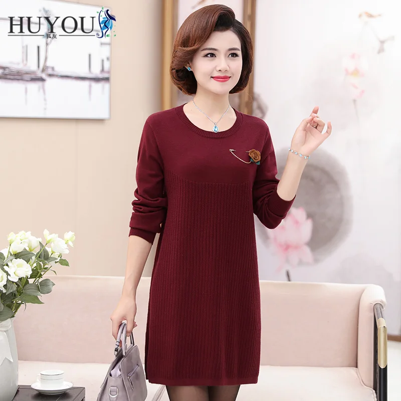Dark red HUYOU женский длинный пуловер с круглым вырезом с длинными рукавами Повседневный вязаный свитер Новинка Весна 4XL размер женское платье - Цвет: Dark red