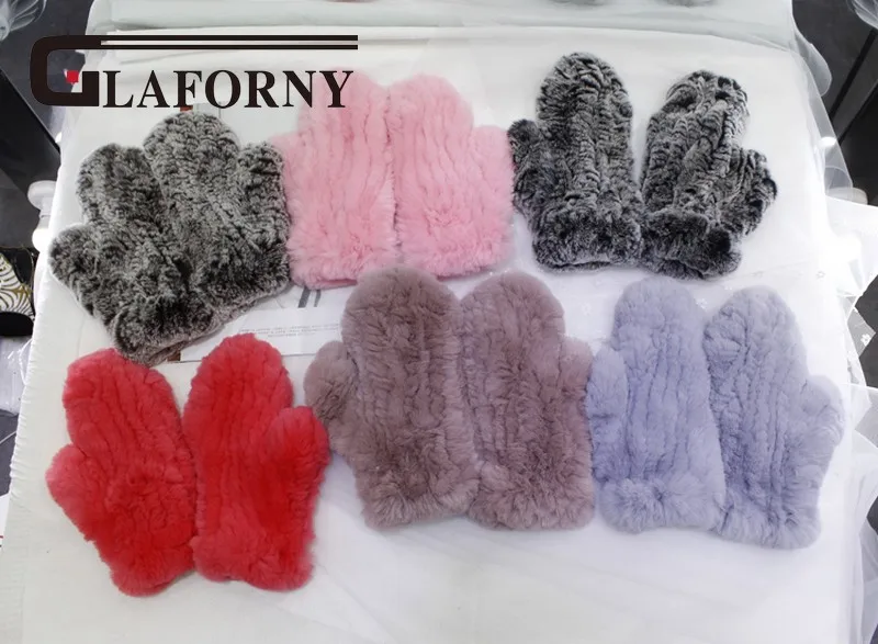 Glaforny 2018 Настоящий мех кролика вязаные зимние теплые перчатки варежки с подвесной