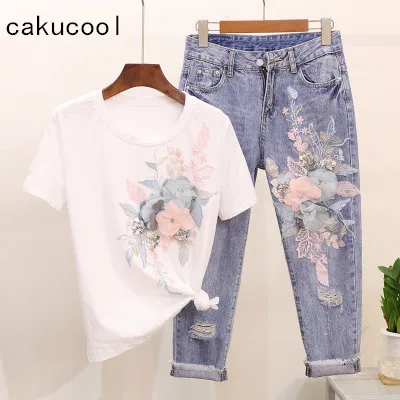 Cakucool новый комплект из 2 предметов женская футболка с цветочной 3D вышивкой и