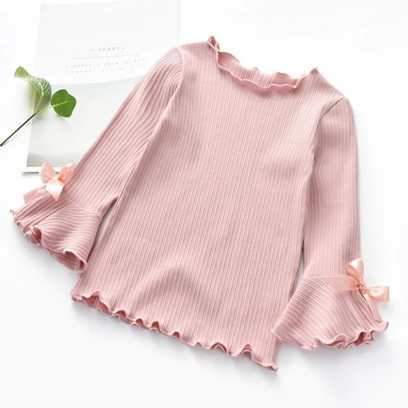 2018 Fall Spring Base Shirt Girls Shirts Kids Children Long Sleeve Ruffles Bow Girl Tops And Blouse Baby Toddler Clothes JW3373 | Детская