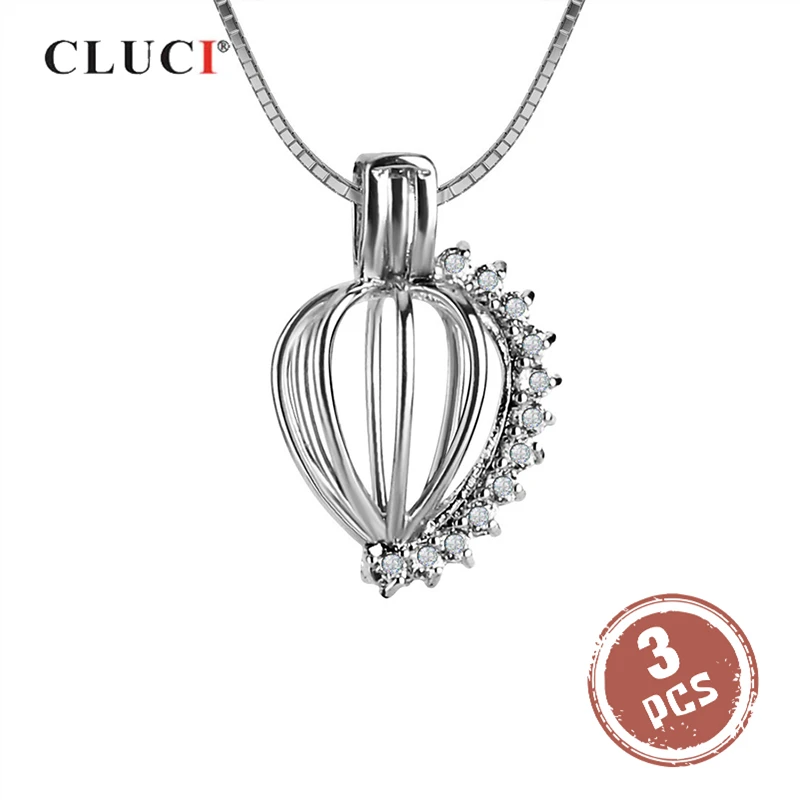 CLUCI 3 шт. серебро 925 пробы с блестящим сердцем жемчугом медальон подвеской в виде