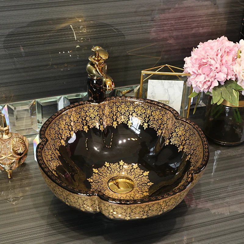 

Flower shape Jingdezhen factory directly ceramic hand painted hand wash basin bathroom sinks black with gold pattern