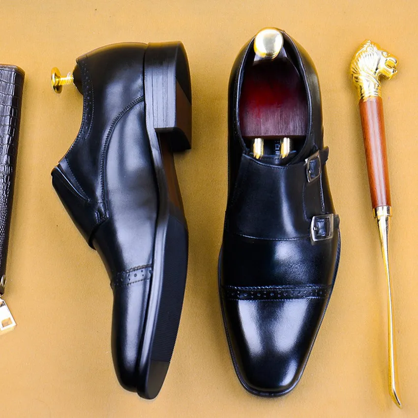 

2019 Vintage Genuine Leather Formal Dress Man Monk Straps Shoes Square Toe Handmade Men's Wedding Party Brogues Footwear AS190