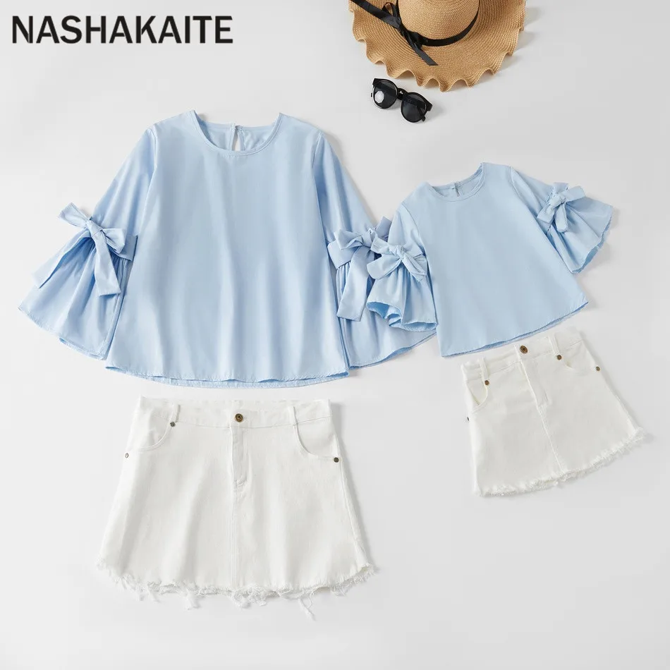 NASHAKAITE/мама и дочь; одежда с круглым вырезом и бантиком; рубашка с расклешенными рукавами+ шорты; комплект одежды для мамы и дочки; Одинаковая одежда