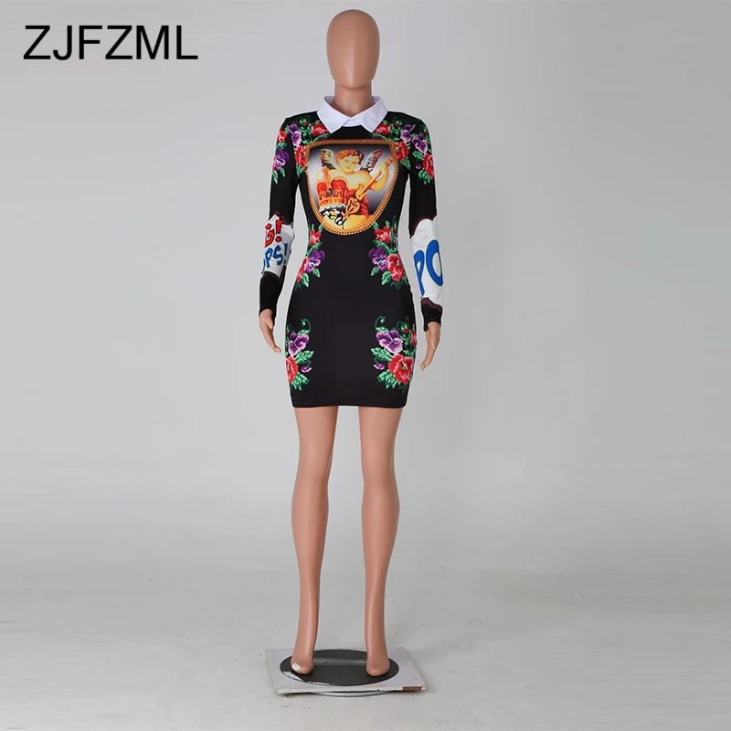 Cute Pattern Printed Peter pan Collar Sexy Women Dresses Long Sleeve Letter Party Dress Femme Club Floral Sheath Mini Robe | Женская