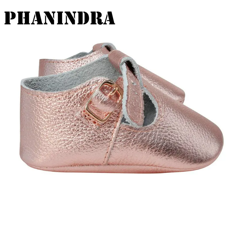 Туфли детские из натуральной кожи розового золота с пряжкой однотонные