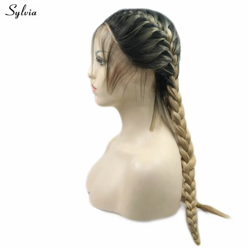 Sylvia 2x твист парики из косичек Омбре блонд/черный двойной плетеный парики с волосами младенца синтетический парик фронта шнурка для женщин средняя часть