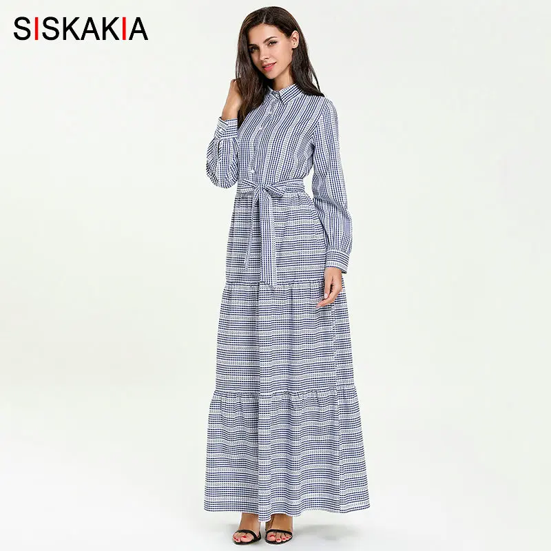 Siskakia платье-рубашка, длинное винтажное клетчатое лоскутное платье макси, офисное женское платье с отворотом и длинным рукавом, однобортная одежда для кормления, новинка