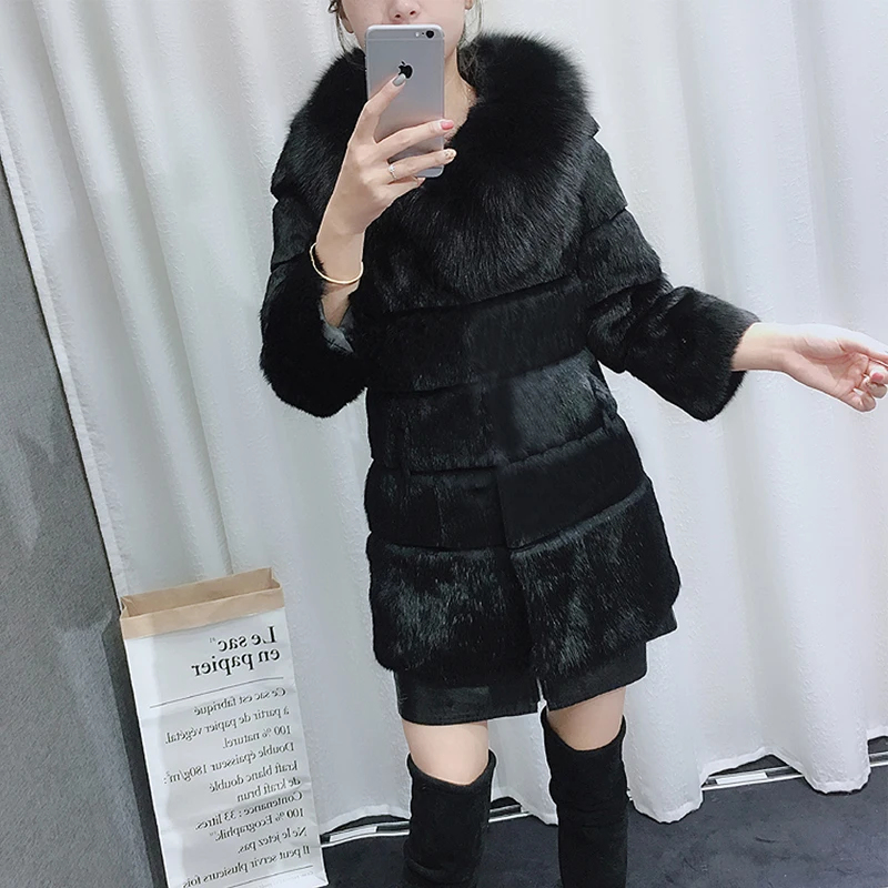 Женское пальто 2019 с меховым воротником из натурального меха Женская куртка