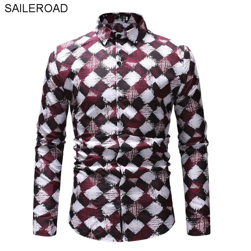 

SAILEROAD Men Plaid Shirt Spring Autumn Camisa Casual Masculina Male Social Shirt Slim Fit Fashion Print Blouse Men Shirt Tee