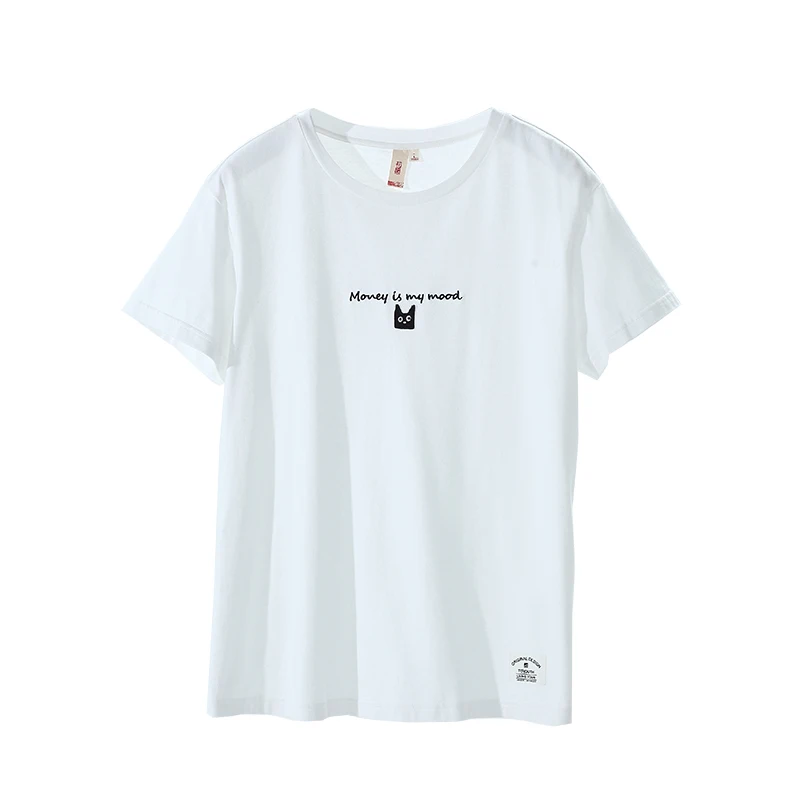 Toyouth Embroidery Cat Summer T-Shirts For Women Letter Short Sleeve Female Basic T Shirt All-Match Black White Tee Femme | Женская