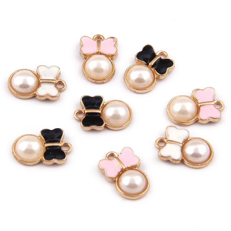 

Wholesale 100pcs Ribbon Enamel Bow Decorated Round White Pearl Charms 14*9MM Gold Tone Plated Drip Oil Bracelet Earring Pendants