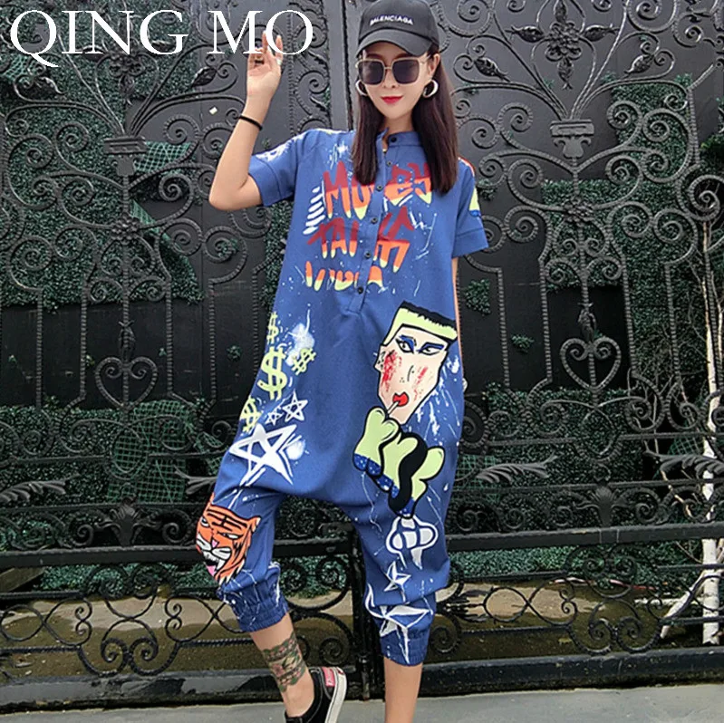 QING MO женские комбинезоны с рисунком из мультфильма коротким рукавом длиной до