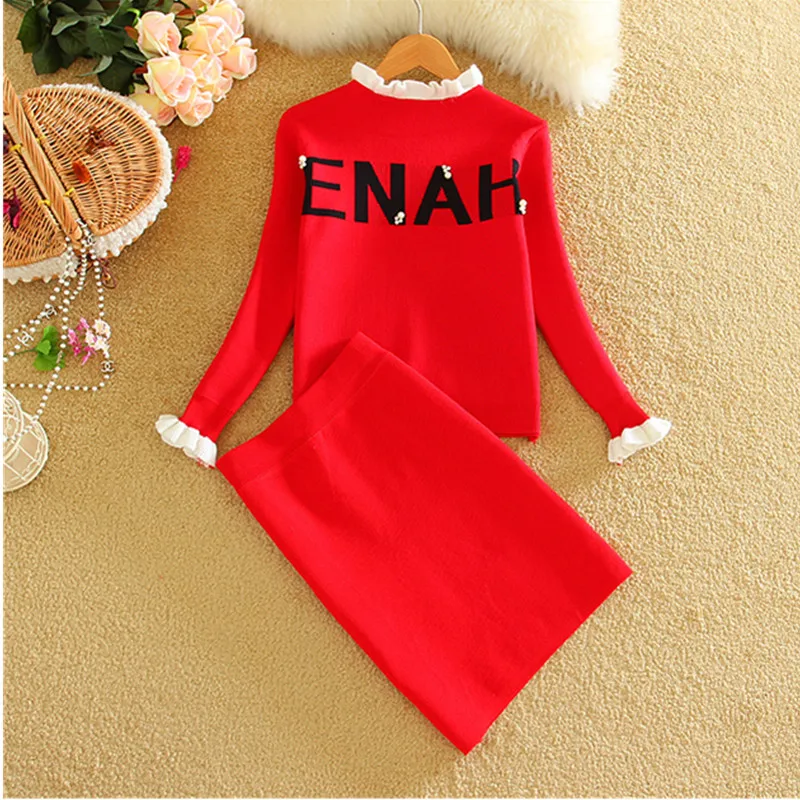

2021 New Woman Fashion Knitting Tops+Skirts Sets Autumn Winter Long Sleeve Woman Letters prited Knitted Sweaters Skirt Set